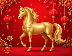 Golden Horse Statue with Red Lanterns and Floral Decorations.