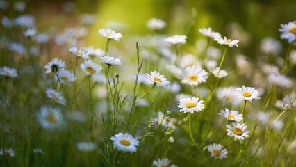 White daisies with yellow centers blooming in a sunlit green meadow. Concept White daisies in a sunlit meadow, Yellow-centered wildflowers, Sunlit meadow photography, Peaceful spring scene