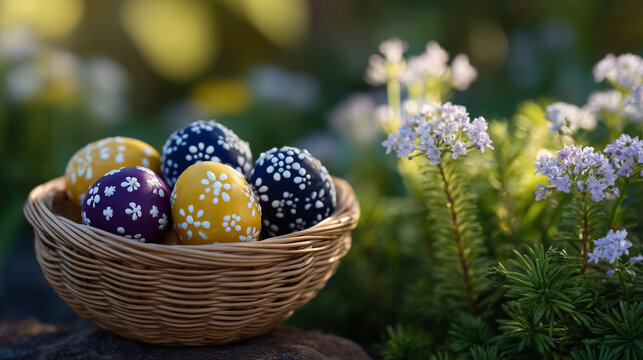 Close-up of vividly decorated Easter eggs nestled inside a woven wicker basket, sunlight highlighting textures, soft-focus spring flowers and greenery behind, clean and festive spr