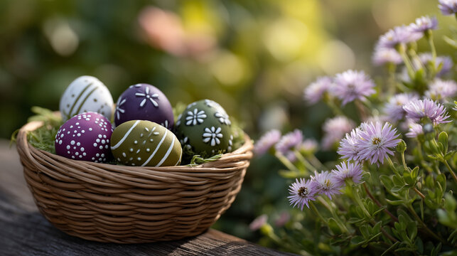 Close-up of vividly decorated Easter eggs nestled inside a woven wicker basket, sunlight highlighting textures, soft-focus spring flowers and greenery behind, clean and festive spr