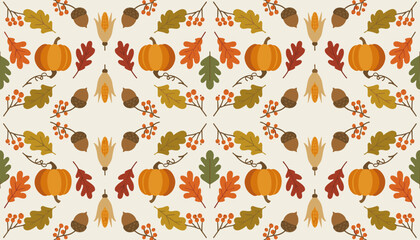 Fall seamless pattern with pumpkins acorns corn and autumn leaves on textured beige background