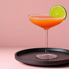 Orange Cocktail with Lime Garnish on Black Tray