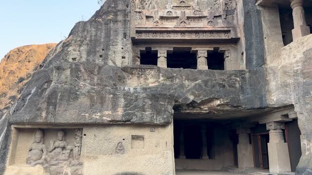 Rock-cut Buddhist monastery caves at Ellora Caves in Maharashtra, India.
