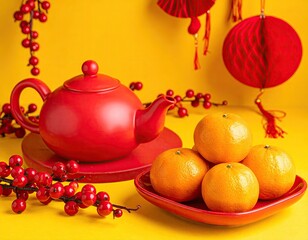 Red Teapot and Oranges with Chinese New Year Decorations.
