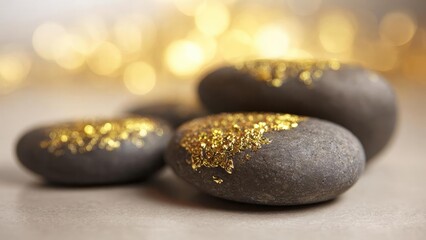 Smooth dark pebbles with gold leaf sprinkled on top. Concept Smooth dark pebbles, Gold leaf accents, Luxurious natural textures, Metallic contrast, Minimalist luxury