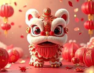 Colorful Chinese Lion Dance Figurine with Red Lanterns.