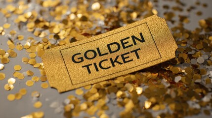 Naklejka premium golden ticket on confetti background