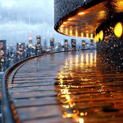 Rainy Night Cityscape Wet Wooden Balcony with Warm Lights