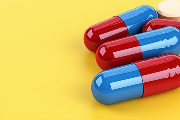 Red and Blue Capsules and Pill on Yellow Background