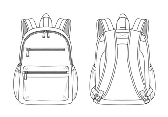 Classic backpack technical flat drawing with padded straps and front zipper compartment
