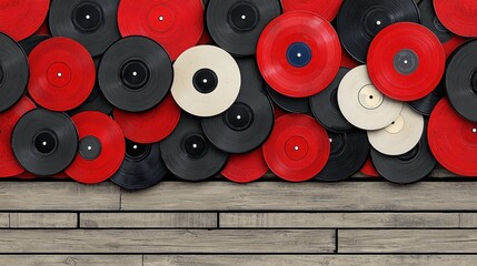 Red Black White Vinyl Records on Gray Wood Background