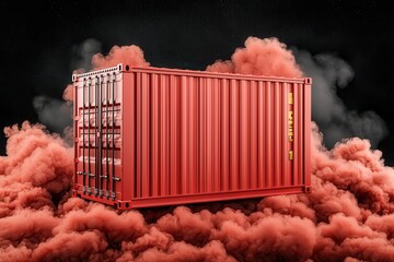 Red Cargo Container in Dramatic Red Smoke Cloud Against Starry Night Sky