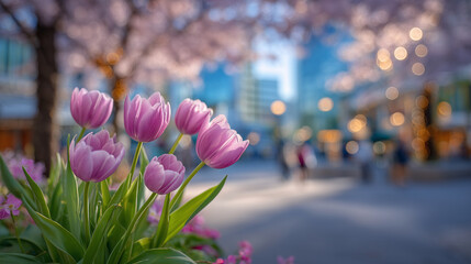 Close-up cluster of pink tulips blooming on a city street, sharp petals contrasted with softly blurred pedestrians, sunlit cherry blossom trees in the background, warm and dynamic