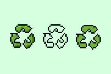 A professional pixel art collection of the universal recycle symbol in green, featuring three distinct variations