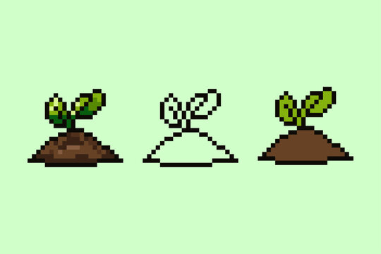 A professional pixel art collection of a young green plant sprout growing from a mound of fertile soil.