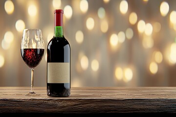 Red Wine Bottle and Glass on Rustic Wood with Warm Bokeh Lights