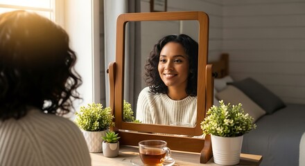A woman is smiling at herself in a mirror. She seems content and happy with her appearance. The room is softly lit by natural light, creating a calm and peaceful atmosphere.