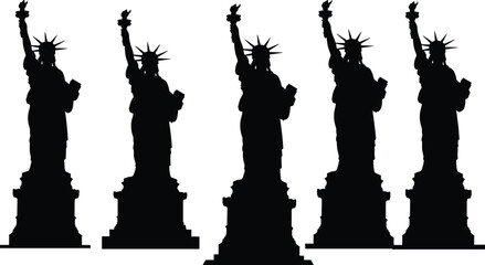 Statue of Liberty silhouette vector illustration with multiple iconic monuments, American freedom symbol, New York landmark, patriotic design, cultural heritage