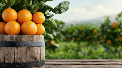 Ripe Oranges in Rustic Barrel Against Orange Orchard Background