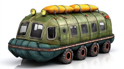 Robust Green Eight Wheel Exploration Vehicle with Yellow Accents on White Background