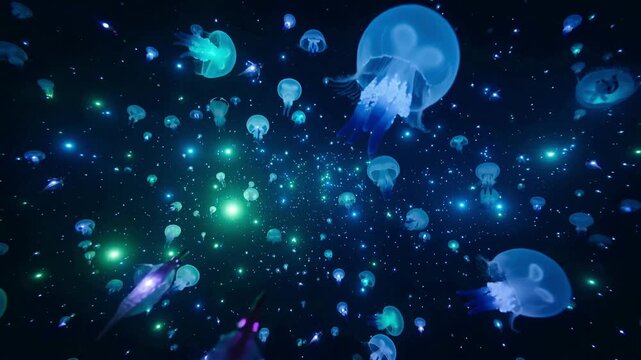 Numerous ethereal jellyfish glowing with blue and green light swimming peacefully through a cosmic deep sea, surrounded by sparkling bioluminescent plankton creating a surreal starry night effect