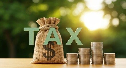 Tax Bag with Coins and Dollar Sign on a Table with Nature Background
