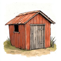 Rustic Red Wooden Shed with Weathered Door and Overgrown Grass
