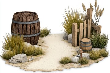 Rustic Sandy Path with Weathered Wooden Fence and Barrels