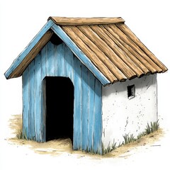 Rustic Small Blue and White House with Thatched Roof Illustration