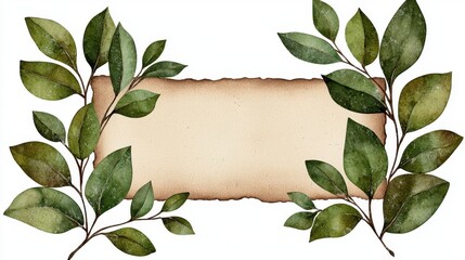 Rustic Watercolor Green Leaves Frame on Beige Parchment Paper