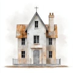 Rustic White House Watercolor Painting with Rusty Roof and Picket Fence