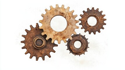Rusty Metal Gears Interlocked on White Background
