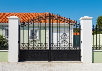 Naklejka premium Elegant Black Wrought Iron Gate with Decorative Motifs and Green House