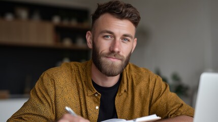 Thoughtful young man with beard working on personal project in modern workspace