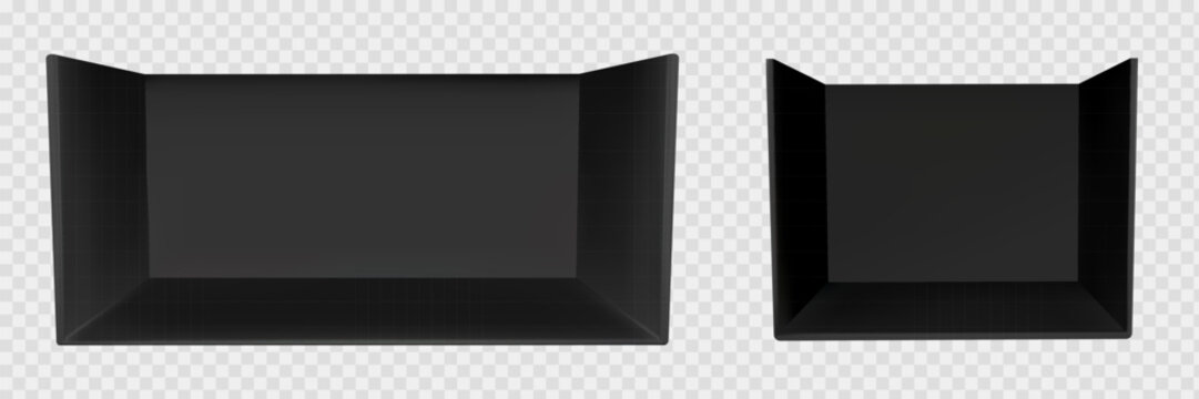 Booth stand set with black 3d corner and mockup wall for tradeshow exhibition. Empty square room with backdrop showroom display and office space interior. Store floor area perspective template vector