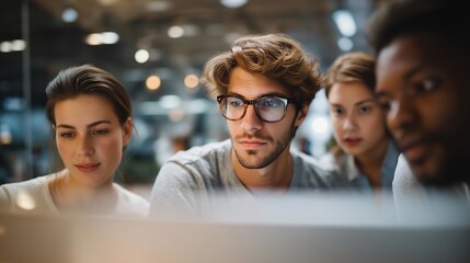 A team of professionals collaboratively discussing a comprehensive brand strategy in a modern office environment, surrounded by digital marketing tools and strategy visuals for effective brand