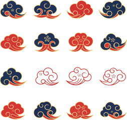  Collection of Abstract Geometric Chinese Cloud Icons, Traditional Asian Vector Elements for Lunar New Year Design