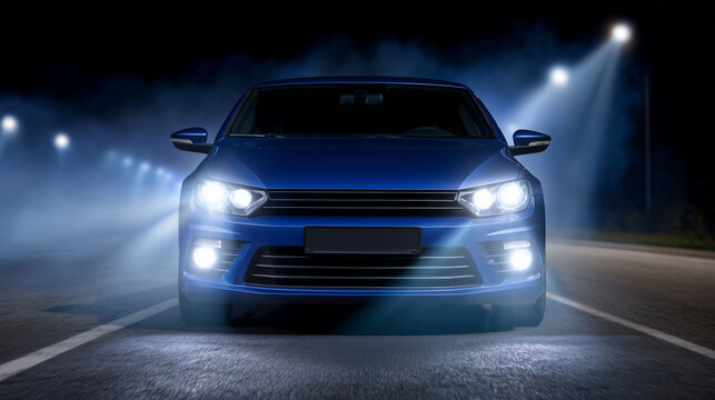 High-resolution front view of a modern vehicle with bright headlights, night-time setting with light beams scattering on mist and asphalt, clean silhouette, professional stock phot