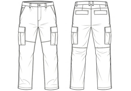 Utility cargo pants technical flat drawing with articulated knees and multi pocket layout