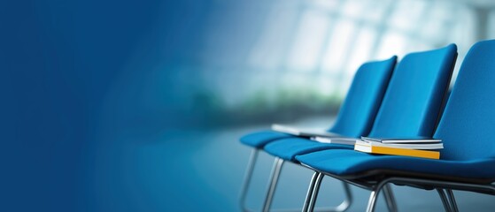 Blue Waiting Chairs with Books in Modern Indoor Space for Relaxation and Comfort