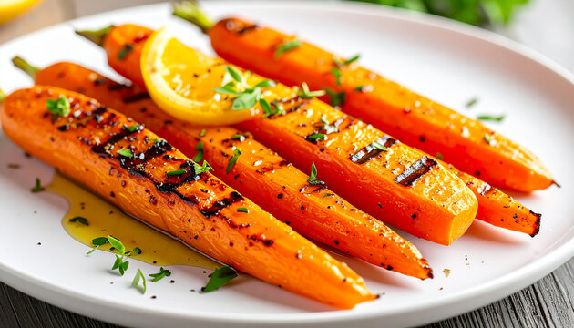 Grilled carrot sticks with citrus glaze, healthy vegetable dish, appetizing food. Cooking and culinary