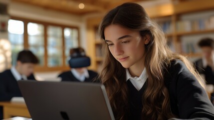 An educational environment where students engage with various technology gadgets, from laptops to virtual reality headsets, emphasizing the role of these tools in enhancing learning and knowledge