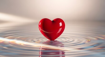 Red heart on calm water with concentric ripples and soft gradient background