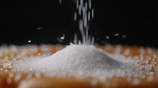Close-up of coarse, white crystals falling onto a small mound. The granules accumulate on a warm-toned surface, contrasted by a black background. The image evokes texture and abundance