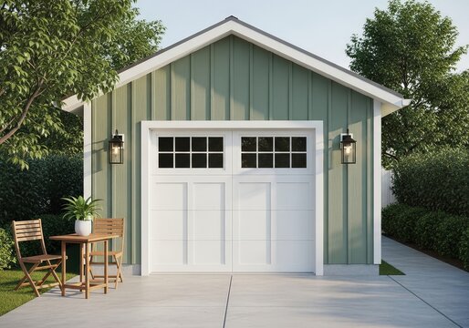 Modern Garage with Green Exterior and Outdoor Sitting Area