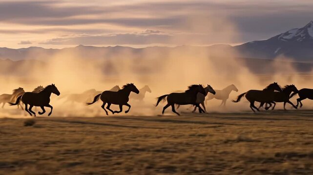 A herd of wild horses runs across a dusty desert plain against a backdrop of mountains during a golden sunset