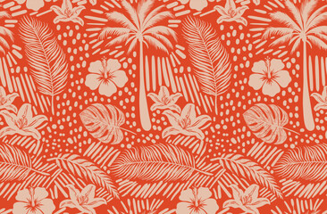Tropical summer shapes seamless vintage pattern with palm leaves, flowers. Vector jungle checkered background . Modern Tropical design with palm trees,  for paper, cover, fabric and other users. © HOT CHILI