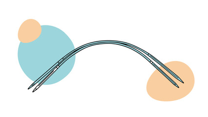 Detailed illustration of a pair of professional circular knitting needles with a flexible cable against colorful abstract shapes.