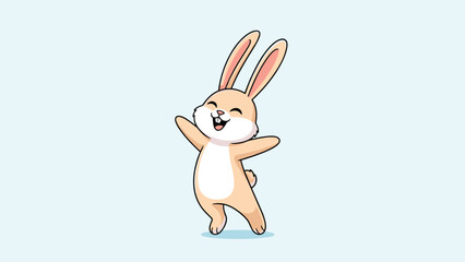 Obraz premium Joyful illustration of a cute little bunny rabbit jumping happily with arms open wide on a light blue background.