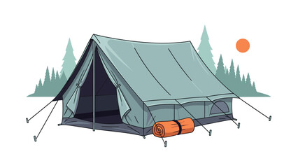 Outdoor adventure illustration showing a large green camping tent in a pine forest setting under a warm setting sun.